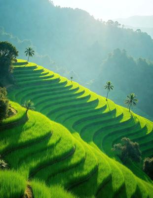 The primary subject of the image is a lush green hillside with a series of terraces and a pathway. The hillside is covered in green grass, and the scene is set against a backdrop of a blue sky. The visual style of the image is a photo, capturing the natural beauty of the landscape. The colors and mood of the image are vibrant and serene, with the green grass and blue sky creating a sense of tranquility and harmony with nature.